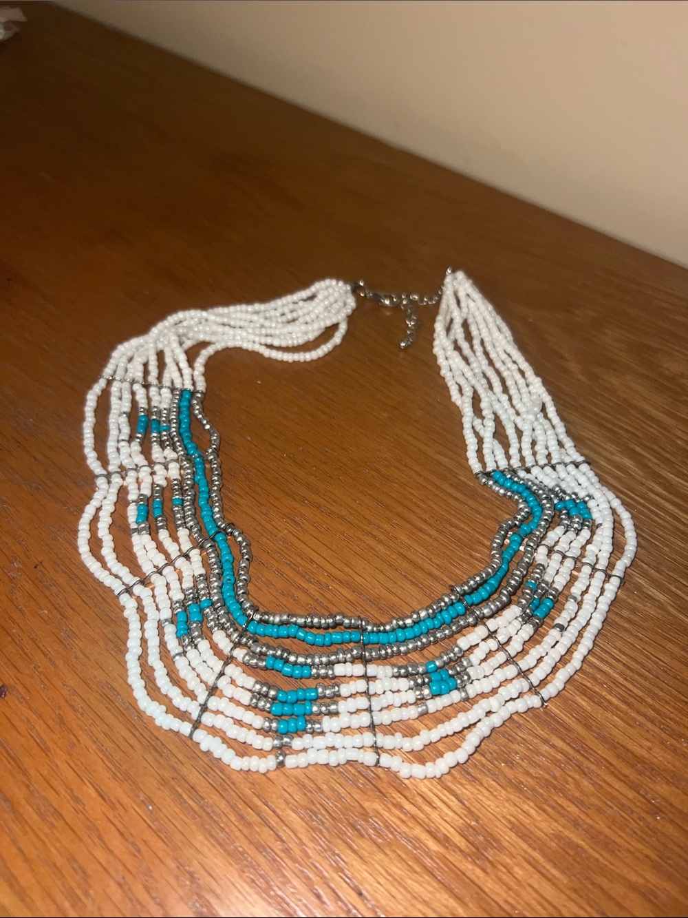 White and Turquoise Beaded Multi-Strand Necklace